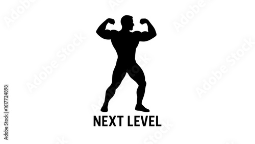 Silhouette of a bodybuilder flexing muscles with text next level isolated on white background