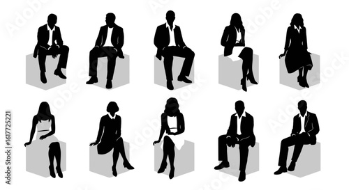 Seated Silhouettes of Professionals: A collection of stylishly rendered silhouettes of diverse professionals, captured in a moment of composed repose, seated upon simple geometric forms.