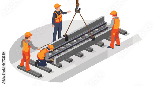 Construction workers installing railway tracks with crane in an isometric illustration style view