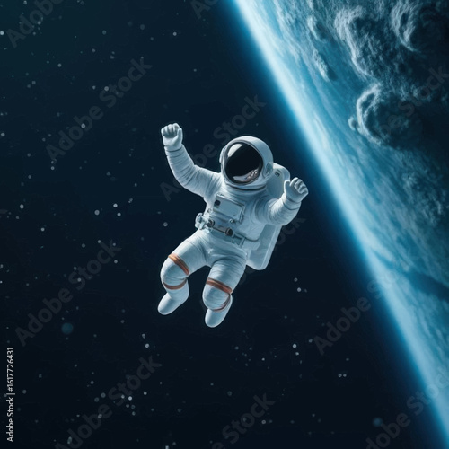 Astronaut Floating in Space with Earth in the Background, Arms Raised