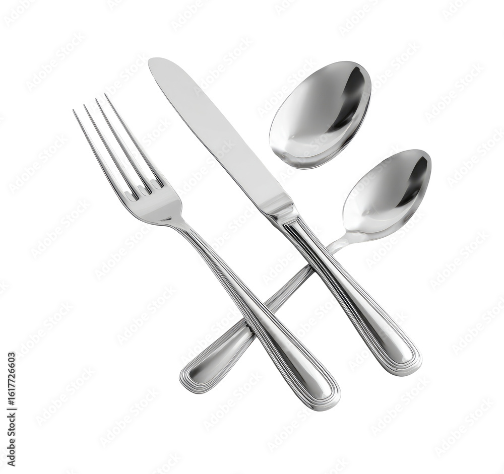 Stainless steel fork, knife, and spoon, intersecting Stainless steel fork, knife, and spoon, intersecting