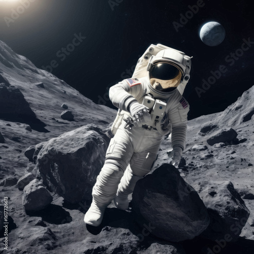 Astronaut in white spacesuit exploring a rocky lunar surface with distant planet