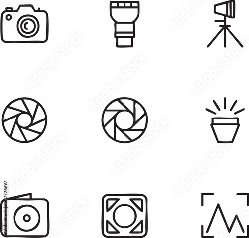 Photography equipment vector icon set outline icons,adjustable line weight,editable stroke camera,lens,reflector,photo,picture,studio,light,aperture,filter,focus icon set
