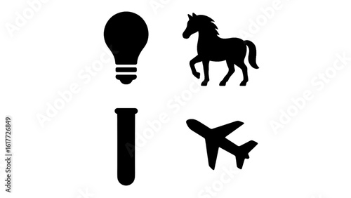 Collection of icons including a lightbulb, horse, test tube, and airplane isolated on white