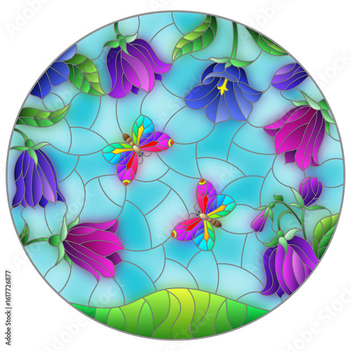Illustration in the style of a stained glass window with flowers of bluebells and butterflies against the sky