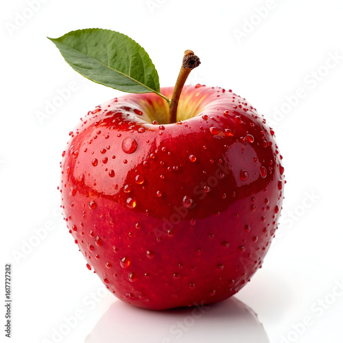 Red apple with water drops on a white background