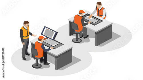 Illustration of engineers working at desks with computers in an office environment setting design