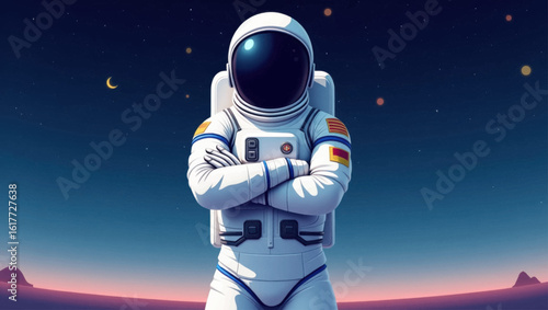 Serene Astronaut in Space: A Spanish Flag Patch on a Retro-Styled Spacesuit