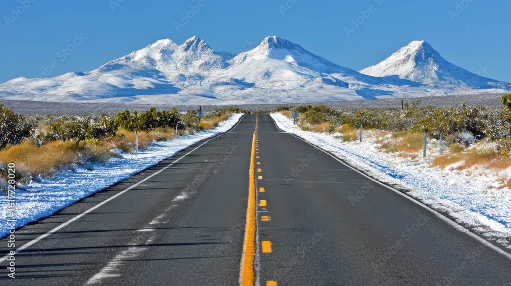 Fototapeta premium Snow-covered mountains scenic road landscape photography winter wonderland wide angle nature beauty