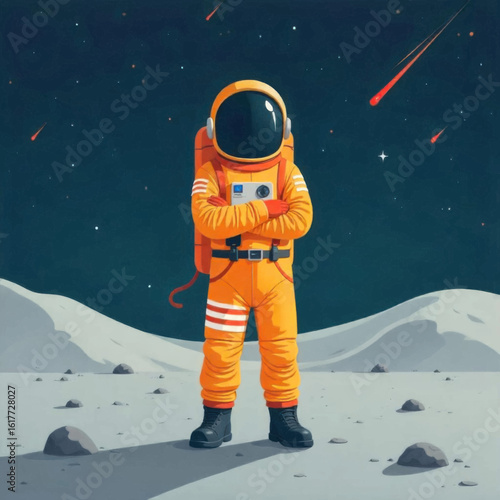 Confident Astronaut in Orange Suit Stands on Lunar Surface with Shooting Stars