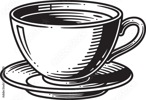 Teacup with Saucer in Vintage Hand-Drawn Woodcut Style
