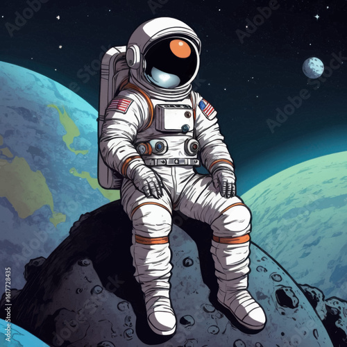 Astronaut with American Flag Patch Sits on Moon Rock, Planets Visible