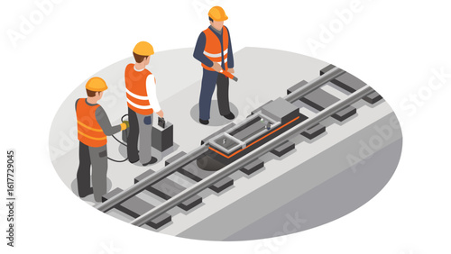 Three construction workers repairing a rail track with specialized equipment on a white background