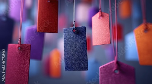 Colorful blank tags hang on strings, depth of field