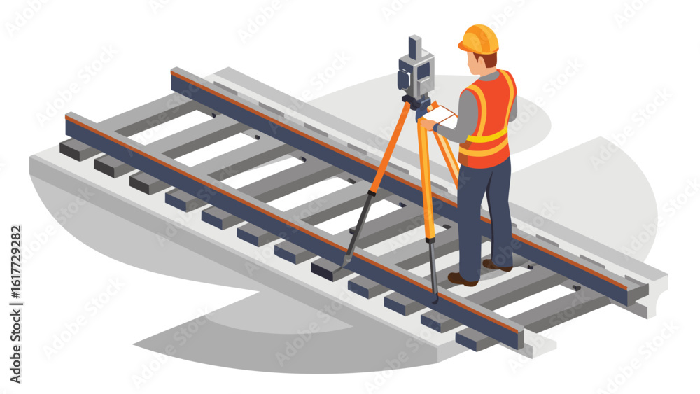 Naklejka premium Surveyor inspecting railroad tracks with total station equipment on a tripod for maintenance work shown