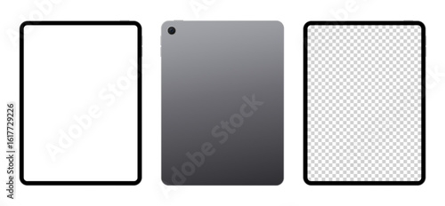 Tablet pc front back blank screen mockup template for advertisement. Black color tab device vector illustration
