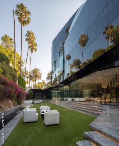 Modern office building with outdoor seating area.  Palm trees and landscaping surround a grassy courtyard