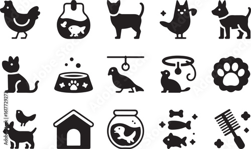Black and white pet icons and accessories illustration