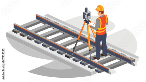 Surveyor inspecting railroad tracks with total station equipment on a tripod for maintenance work shown