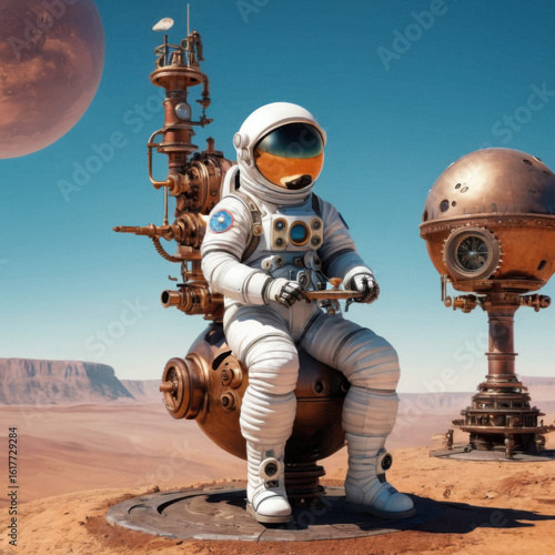 Steampunk Astronaut on Martian Outpost Under a Red Planet