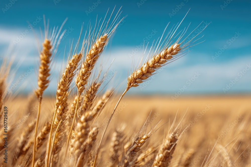 Fototapeta premium Golden wheat stalks under a vibrant blue sky (1)