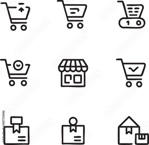 Shopping and delivery vector icon set hand drawn style ecommerce,shop,online store,shopping cart,storefront,box,package,arrow up,check mark,clock
