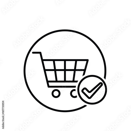 Checkout icon. E-Commerce and Promotions. Shopping cart with a check mark above it in a circle. market, sale, buy. outline design style.