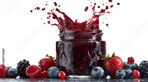 A jar of red berry jam splashes as fresh strawberries, raspberries, blueberries, blackberries, and red currants surround it on a white background.