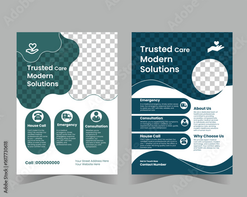 Modern medical flyer bundle, clean layout, healthcare icons, doctor-patient graphics, blue-white-green colors, minimal background, vector, print-ready.