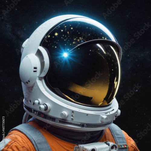 Astronaut's reflective helmet with cosmic starburst and orange spacesuit detail