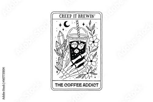 The Coffee Addict Skeleton Tarot Card Illustration Halloween SVG Design