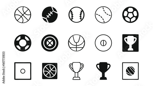 Black and white vector icon set with sport ball, clock, and target symbols for web design collection