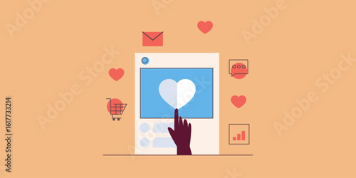 Hand clicks on social media post, activates messaging and online shopping, analytics insights of marketing campaign.