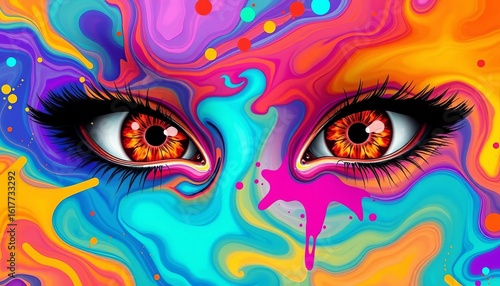 Fluid abstract eyes, vibrant color splashes, vector texture ,  cover, eyes