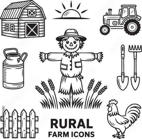 Farm Tools and Rural Elements Vector Icon Pack Scarecrow, Barn, Milk Can, Garden Tools, Tractor, Fence, Sun, Grain Sack, and Rooster