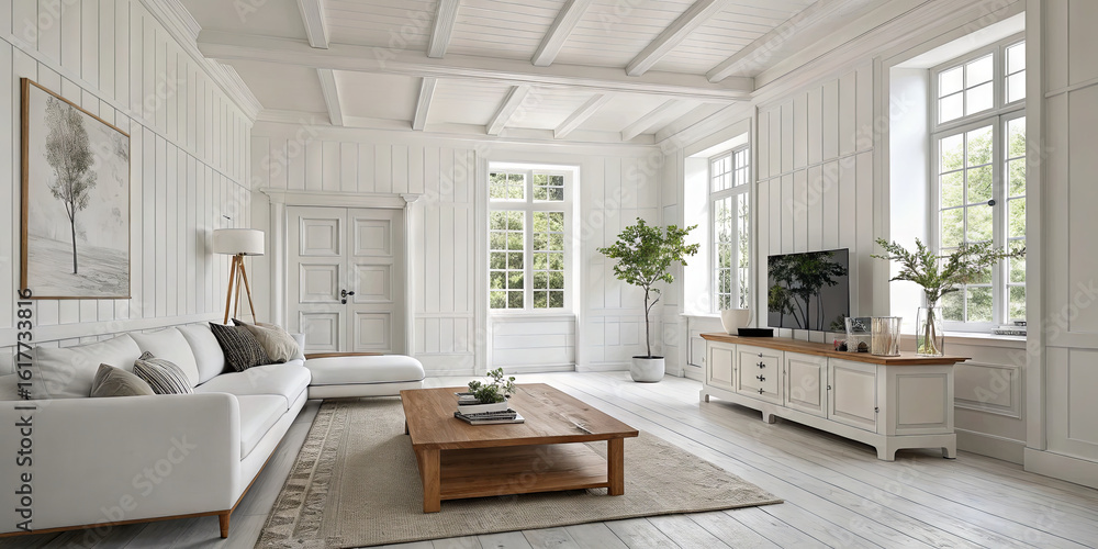 Fototapeta premium Spacious living area features white walls and wooden accents, filled with natural light. A comfortable sofa faces a wooden coffee table, providing a cozy atmosphere