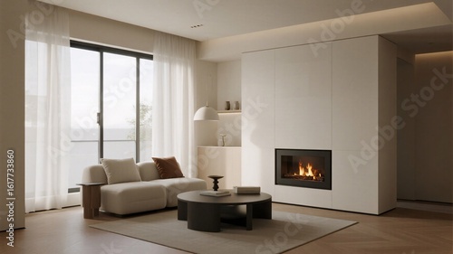 Wallpaper Mural Cozy modern living room with fireplace, designer furniture, and natural light creating a warm, inviting atmosphere for relaxation Torontodigital.ca