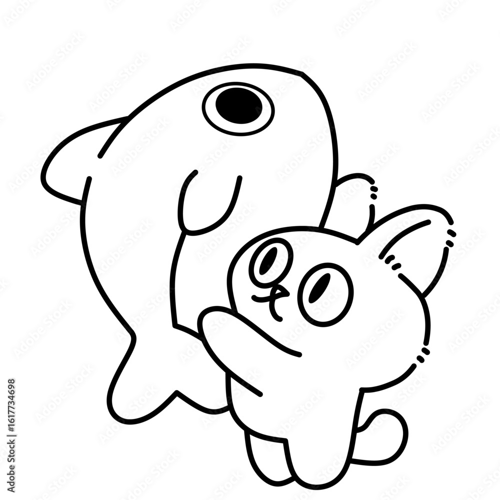 Fototapeta premium Cat holding fish line art outline illustration vector 