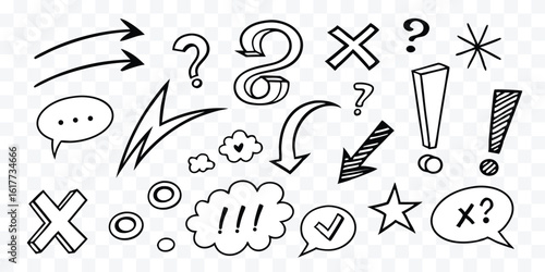 Hand Drawn Arrows Questions and Exclamation Marks Doodle Collection for Design Projects and Creative Illustrations