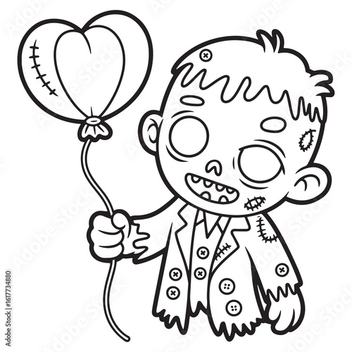 Zombie Boy Holding Halloween Balloons – Creepy Cute Halloween Cartoon Line Art Illustration for Coloring Books

