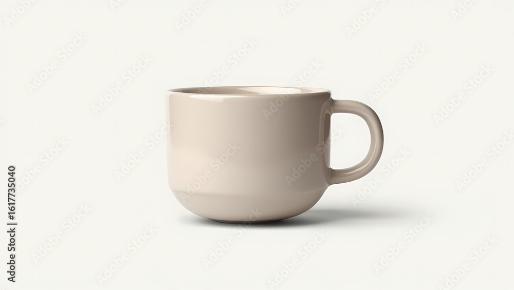 Fototapeta premium Empty Glossy Beige Ceramic Coffee Mug with Handle Isolated on White Background