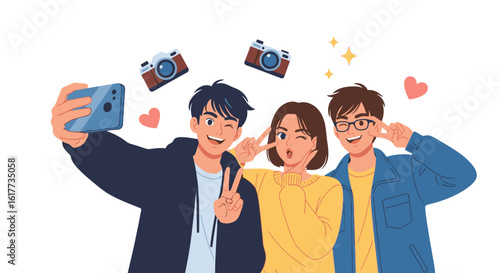 Happy friends taking a fun selfie together with cameras and heart emojis in vibrant style