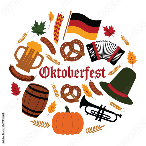 Oktoberfest Flat Icons Set German Festival Symbols, Beer, Music & Food Elements