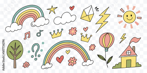 Colorful hand drawn illustration featuring rainbows clouds and whimsical elements perfect for backgrounds wallpapers and childrens designs
