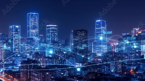 Wallpaper Mural Cityscape with glowing blue network lines connecting skyscrapers at night Torontodigital.ca