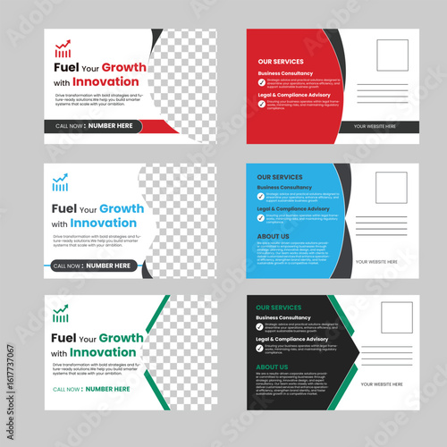 "Set of three modern postcard designs featuring minimal layouts, elegant typography, and creative graphics, perfect for invitations, greetings, and premium print projects."