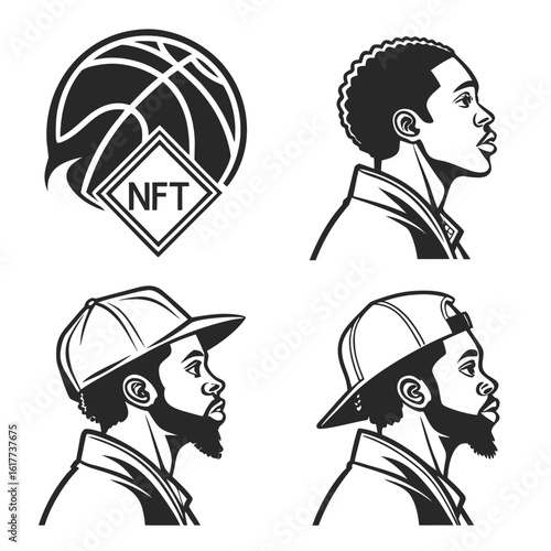 Black and White Stylized Portraits of Men with Basketball NFT Logo.