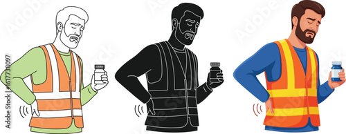 Worker holding pain relief pills for back injury, feeling discomfort from labor