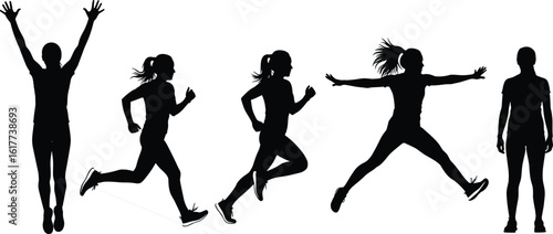 Silhouette of a woman in athletic poses, running, jumping, exercising, showing fitness, energy, agility, strength, health, outdoor activity