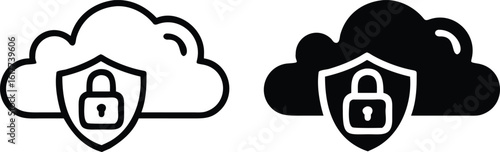 Cloud Protection Icon Set – Vector Secure Storage Lock Symbol in Black and White
